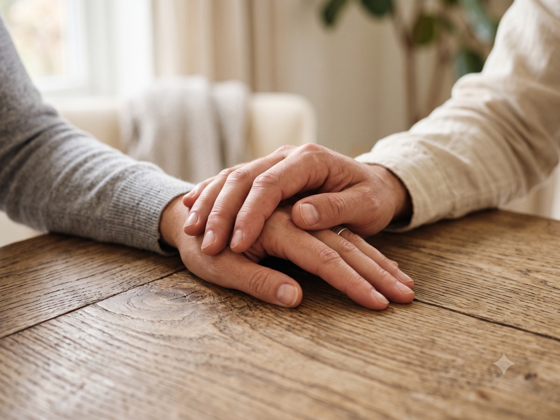 Two people holding hands across a wooden table