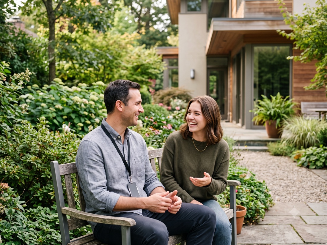 A carer and a young person talking together