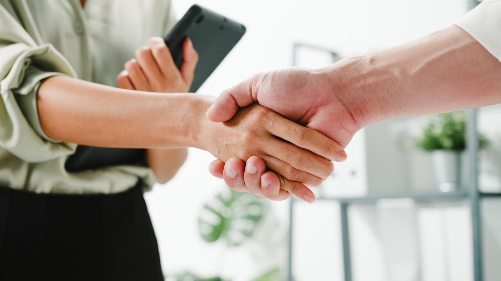 Two professionals shaking hands in an office