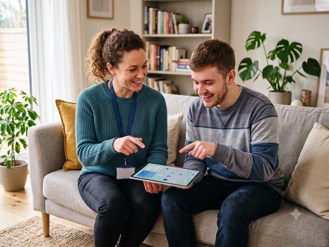 A team member and a young person looking at a tablet together
