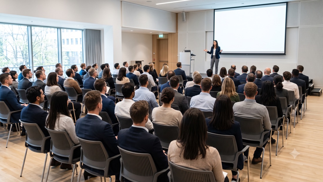 A speaker presenting to a seated audience in a conference room