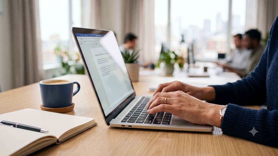 Someone typing on a laptop with colleagues working in the background