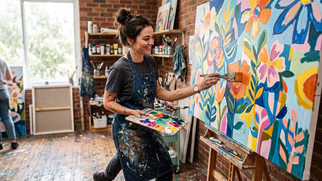 A young woman painting a colourful mural in an art studio