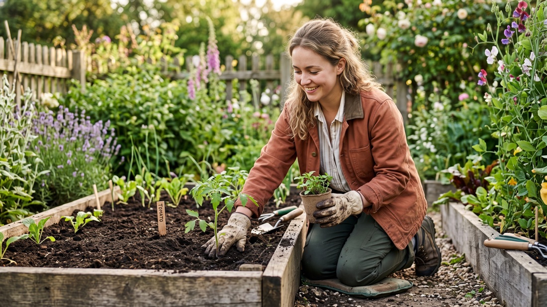 A young woman planting vegetables in a garden bed