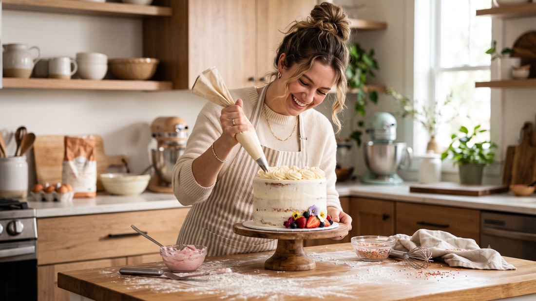 A young person decorating a cake in a kitchen, smiling