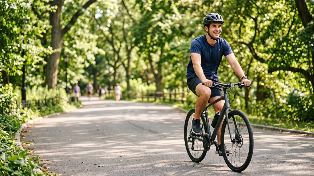 A young person cycling along a tree-lined path