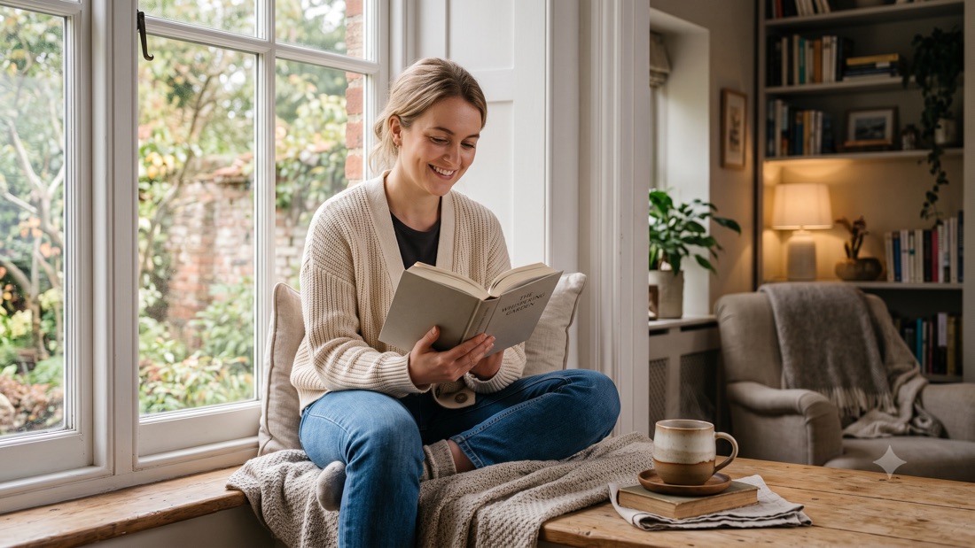 A young person reading a book curled up on a window seat